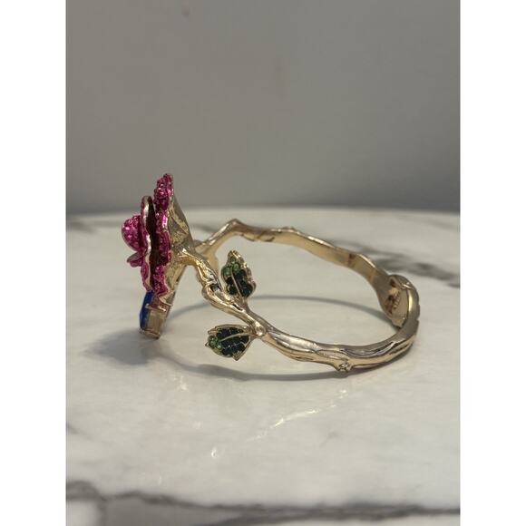 Betsey Johnson Pink Rose Crystal Branch Hinged Gold Tone Bangle Bracelet - Picture 9 of 14